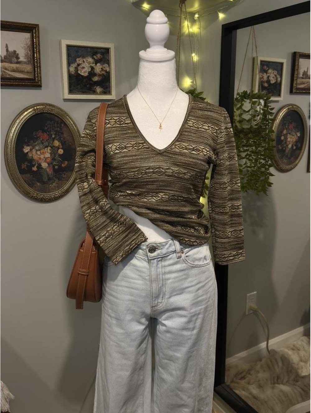Y2K brown and tan patterned quarter sleeve top